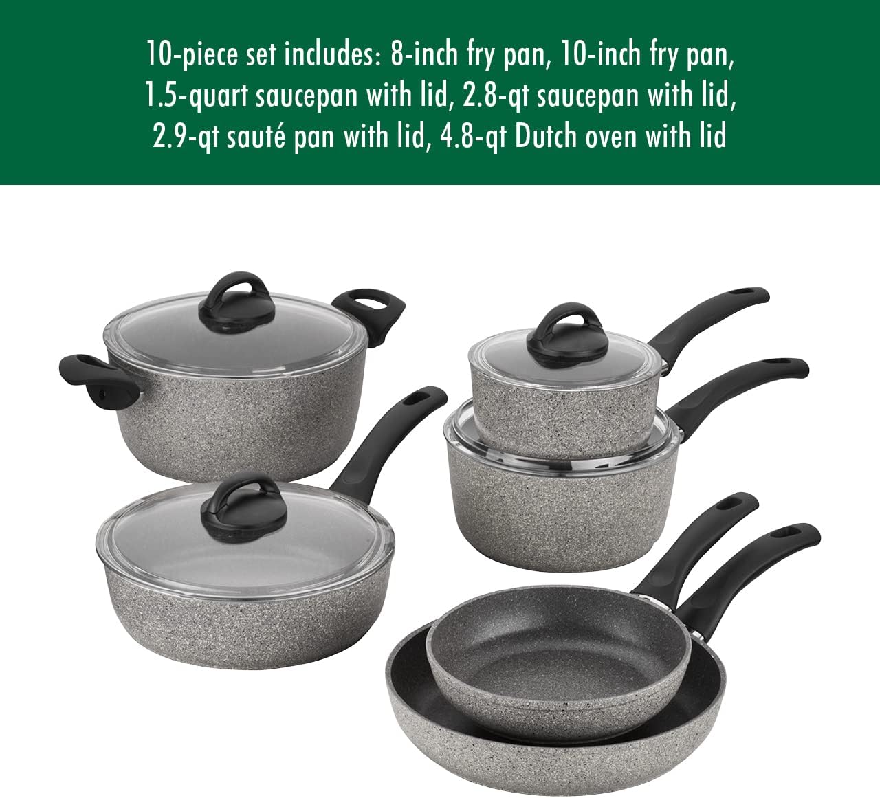Ballarini 75001-652 Parma Forged Aluminum Nonstick Cookware Set, 10-Piece, Granite