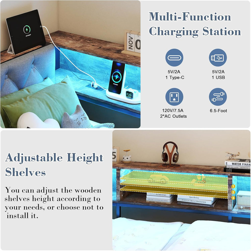 Doltoro Twin Corner Bed Frame with Storage Bookcase and LED Lights, Twin Size Daybed with 2 Storage Drawers, Upholstered Platform Bed with Headboard and Charging Station, Rustic Brown & Gray