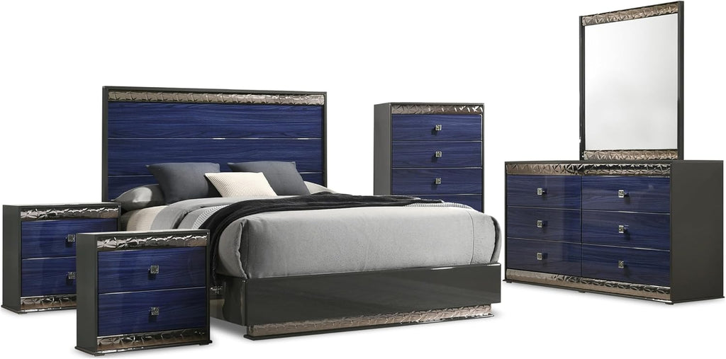 Furniture of America Scape Glam Solid Wood 6-Piece Bedroom Set with Geo Chrome Molding, Felt-Lined Top Drawer, Metal Side Glide, Square Knobs, No Box Spring Needed, King, Indigo Blue