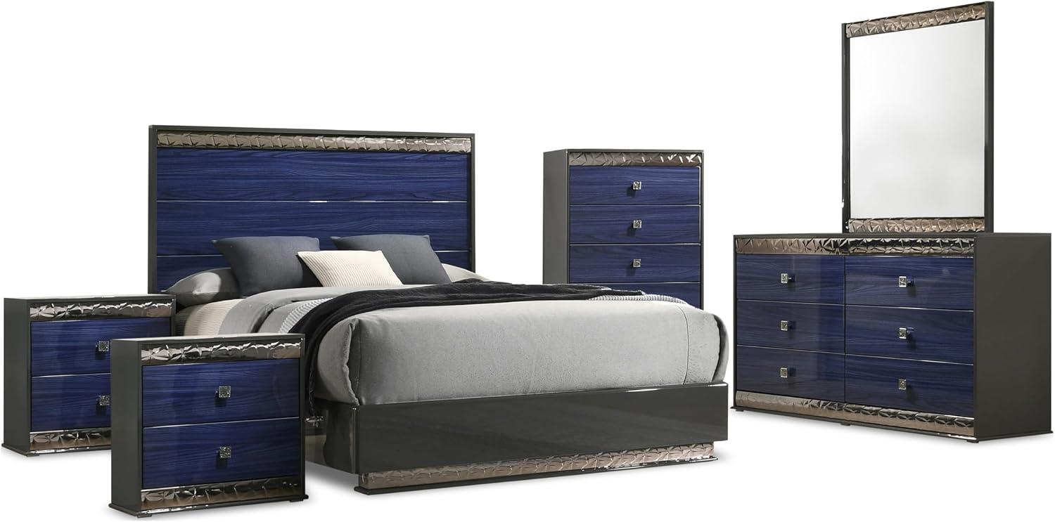 Furniture of America Scape Glam Solid Wood 6-Piece Bedroom Set with Geo Chrome Molding, Felt-Lined Top Drawer, Metal Side Glide, Square Knobs, No Box Spring Needed, King, Indigo Blue