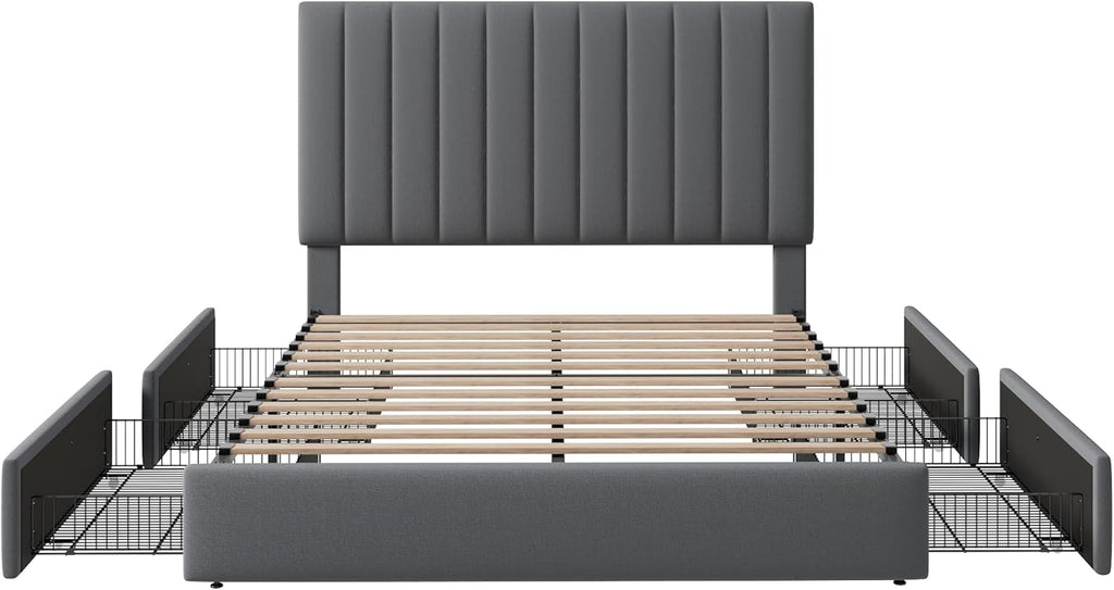 Allewie Full Size Storage Bed Frame, Vertical Channel Tufted Adjustable Headboard, Velvet Upholstered Platform Bed with 4 Oversized Underbed Drawers, Wooden Slats Support, No Box Spring Needed, Grey