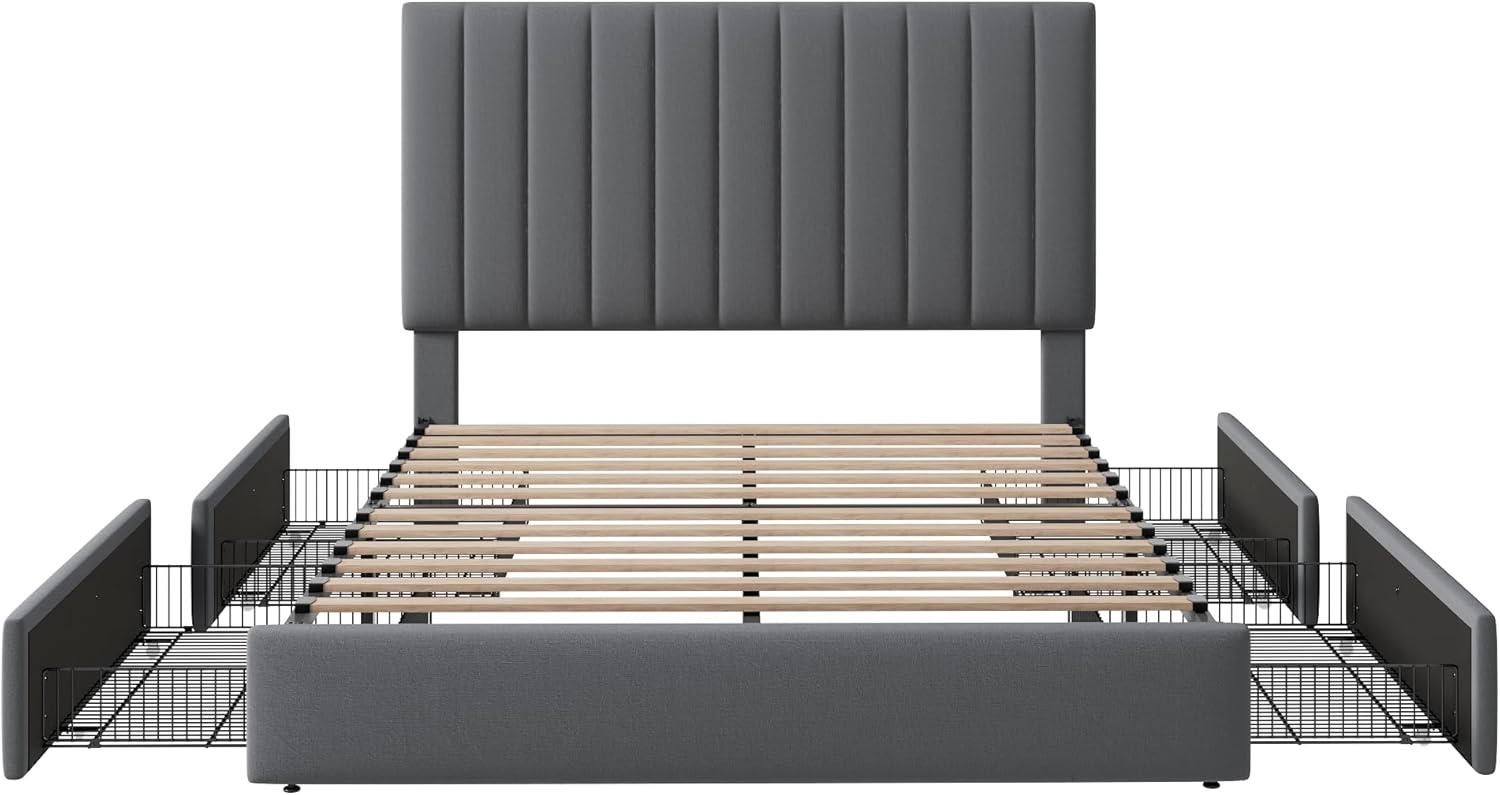 Allewie Full Size Storage Bed Frame, Vertical Channel Tufted Adjustable Headboard, Velvet Upholstered Platform Bed with 4 Oversized Underbed Drawers, Wooden Slats Support, No Box Spring Needed, Grey