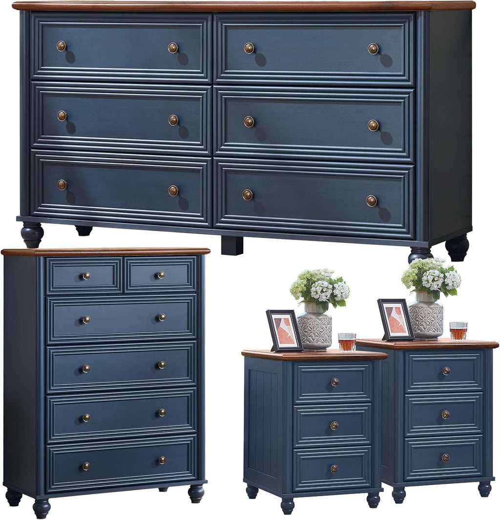 RWYHG Farmhouse Dresser and Nightstand Sets 4 Piece, Wooden 6 Drawers Dresser & 43.5' Tall Chest of Drawers, 18' Roman Column Nightstand Set of 2, Furniture Dressers for Bedroom, Living Room