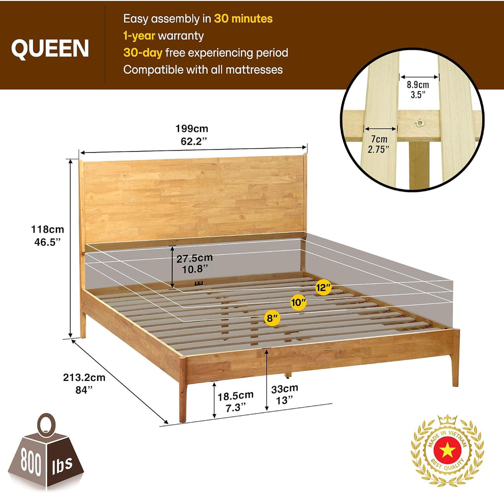 Acacia Haven Queen Bed Frame and Headboard, Solid Wood Platform Bed Frame Scandinavian Compatible with All Mattress Types, Wood Slats Support 800lbs Capacity, Quick & Easy Assembly, Natural Oak