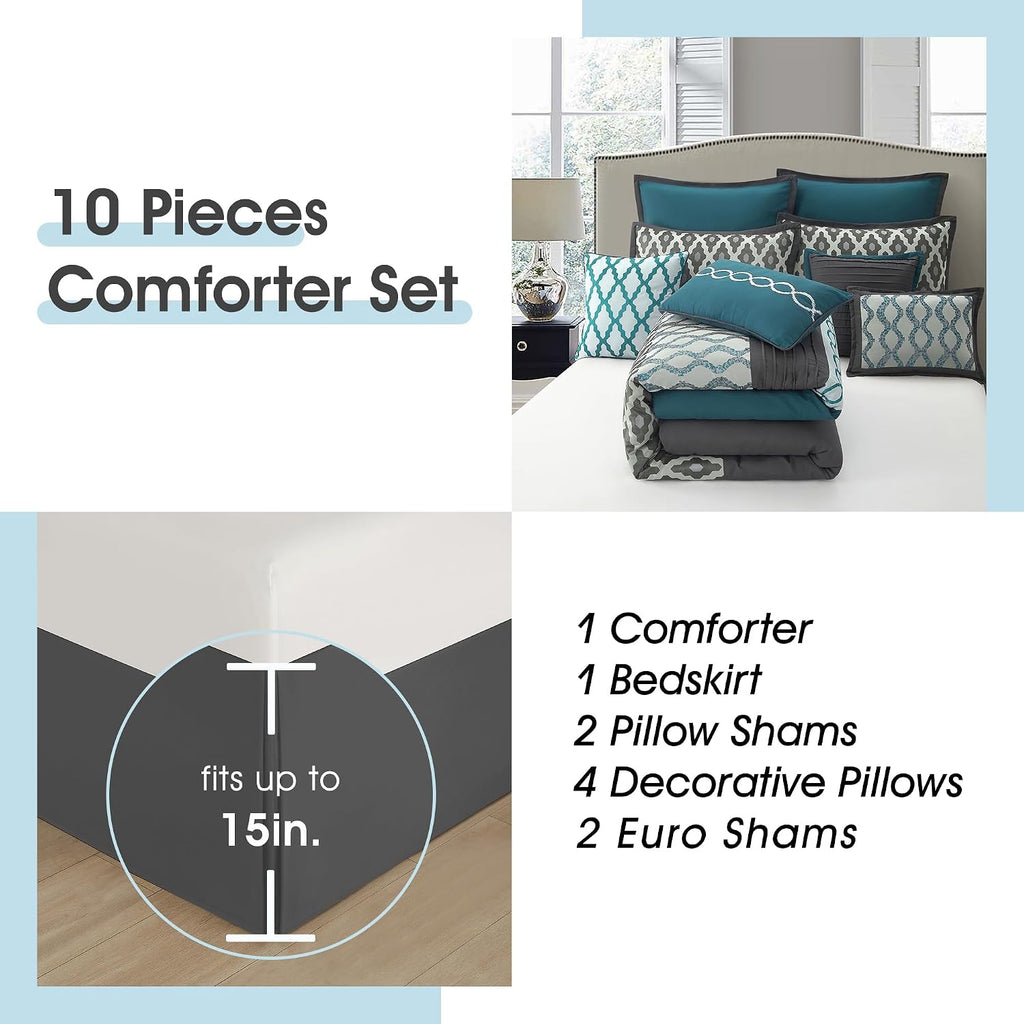 LANCO MODERN LIFESTYLE Oversized Comforter Set, Blue, 10 Piece Bed in a Bag for All Seasons, Luxury Extreme Comfort Bedding Sets with Bedskirt, Pillow Shams, Euro Shams and Decor Pillows