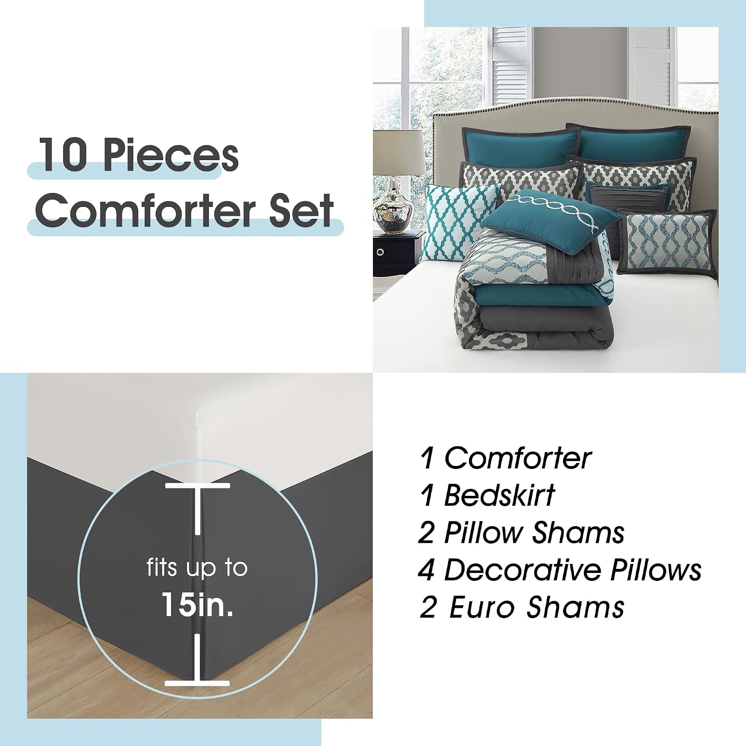 LANCO MODERN LIFESTYLE Oversized Comforter Set, Blue, 10 Piece Bed in a Bag for All Seasons, Luxury Extreme Comfort Bedding Sets with Bedskirt, Pillow Shams, Euro Shams and Decor Pillows