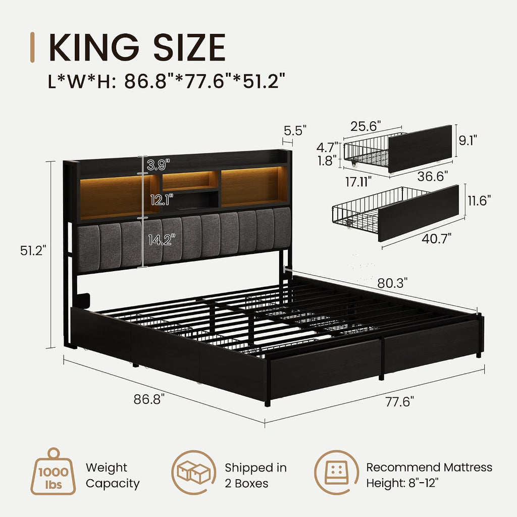 BRELTAM King Bed Frame with 6 Storage Drawers, Linen Upholstered Headboard, Built-in USB Charging Station & LED Lighting, Silent Metal Support, No Box Spring Needed, Vintage Black