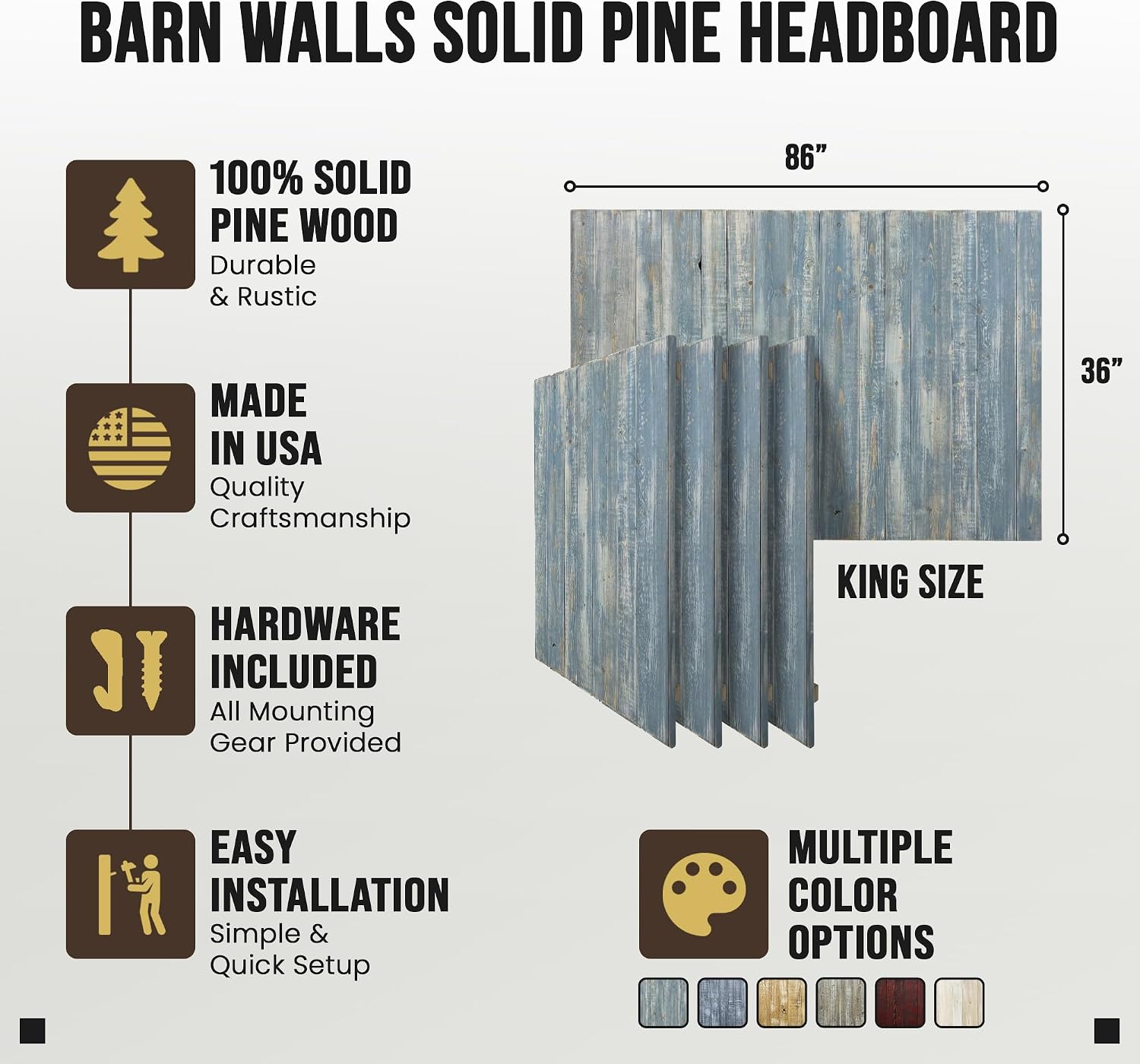 Barn Walls Solid Wood Headboard King Size, Blue Powderwash Finish with Smooth Natural Wood Grain, Handcrafted Wall-Mounted Panel Head Board, Adjustable Height, Modern Farmhouse Bedroom, Built to Last
