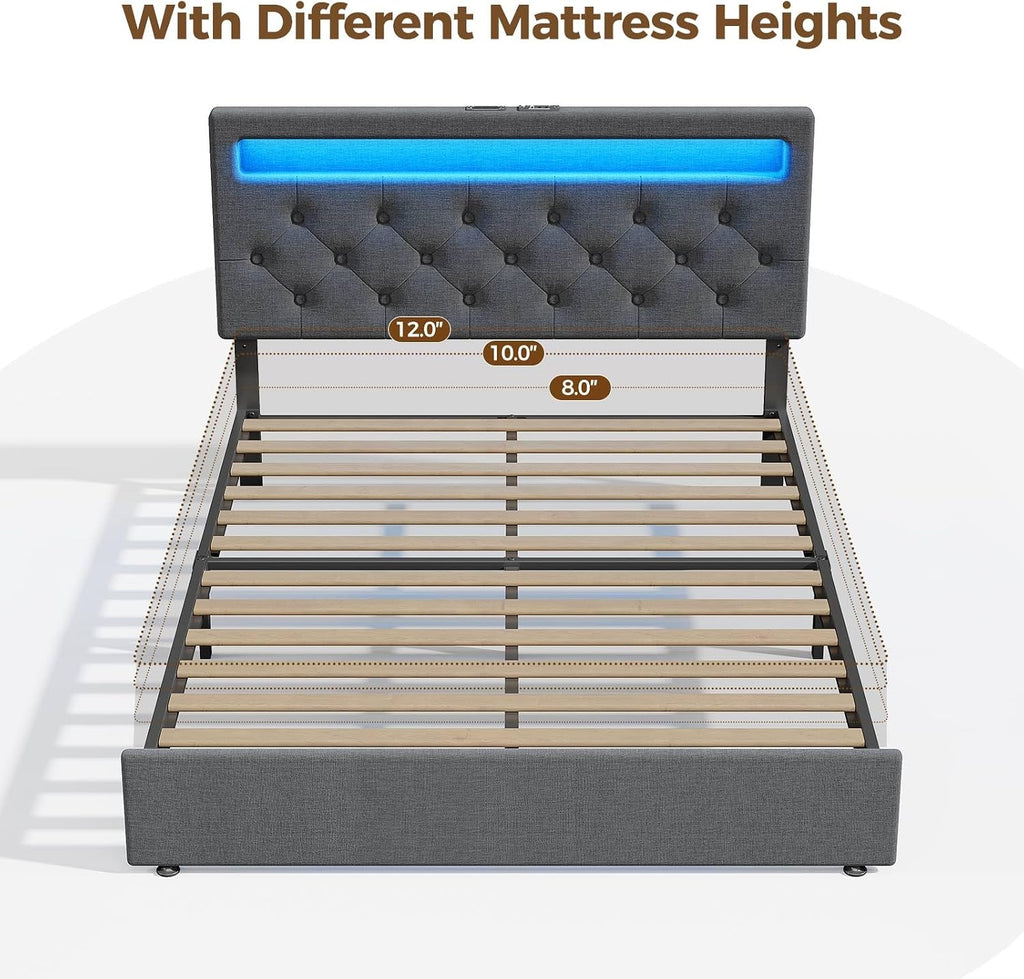 Rolanstar Queen Size Bed Frame with Charging Station, LED Bed with Under Bed Storage, Adjustable Headboard 38.9/40.8 Inches, No Box Spring Needed, Noise Free, Easy Assembly, Grey