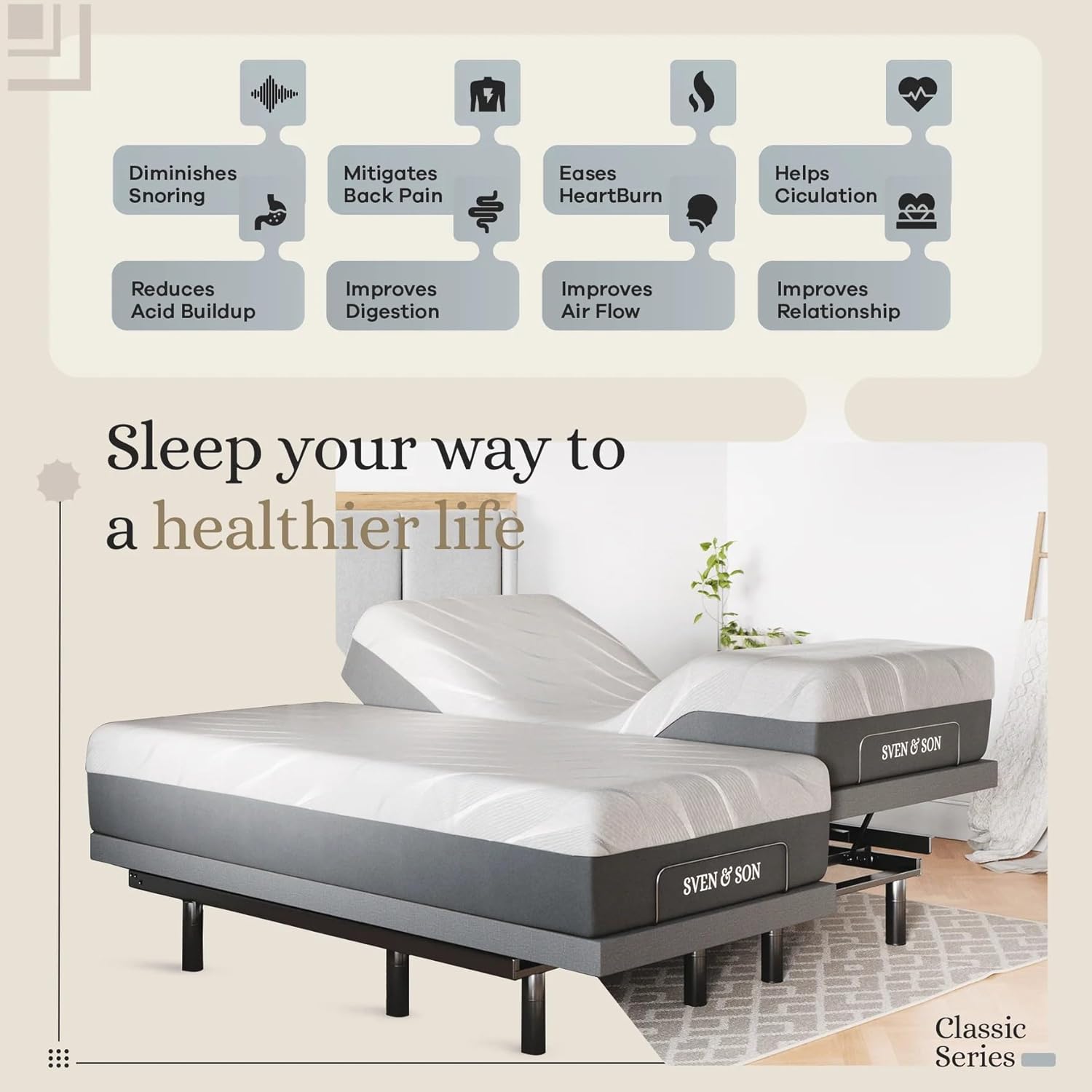 Sven & Son Classic Adjustable Bed Base, Head and Foot Lift, Massage, Under-Bed Lights, USB, Gel Memory, Zero Gravity Smart Frame - Split California King + 12 inch Memory Foam Matt (Medium)