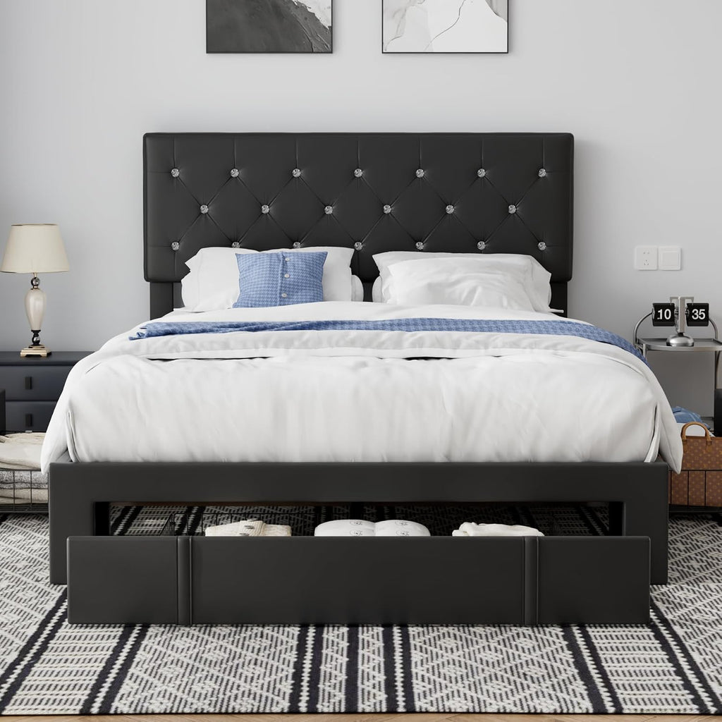 VECELO Full Size Bed Frame with 3 Storage Drawers, Leather Upholstered with Diamond Tufted Headboard, Solid Wood Slat Support & Steel Framework, Black