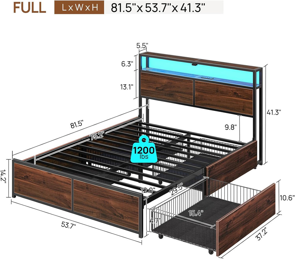 Rolanstar Full Size Bed Frame with 4 Storage Drawers & 2-Tier Storage Headboard, Metal Platform Bed Frame with Charging Station & LED Lights, Noise-Free, No Box Spring Needed, Easy Assembly, Espresso