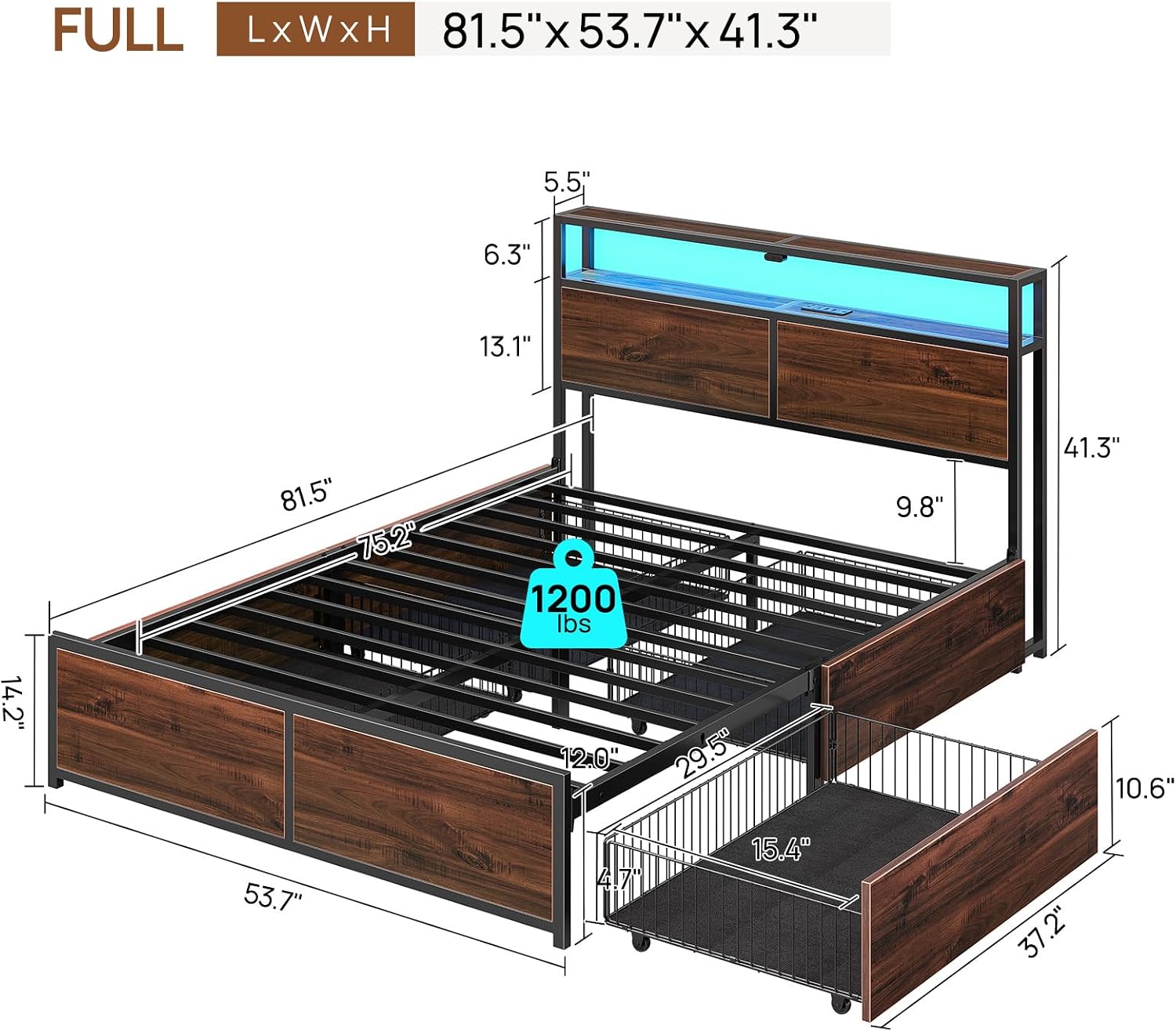 Rolanstar Full Size Bed Frame with 4 Storage Drawers & 2-Tier Storage Headboard, Metal Platform Bed Frame with Charging Station & LED Lights, Noise-Free, No Box Spring Needed, Easy Assembly, Espresso