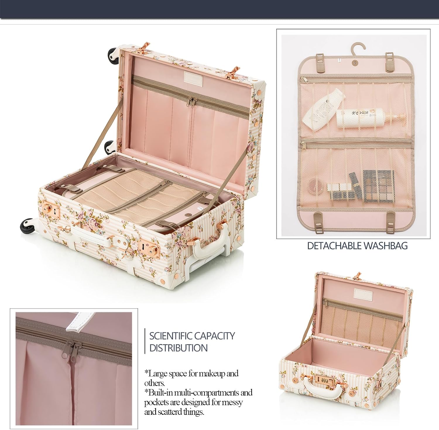 COTRUNKAGE Vintage Luggage Set of 3, Retro Carry On Suitcase for Women and Men with Spinner Wheels, Beige Floral