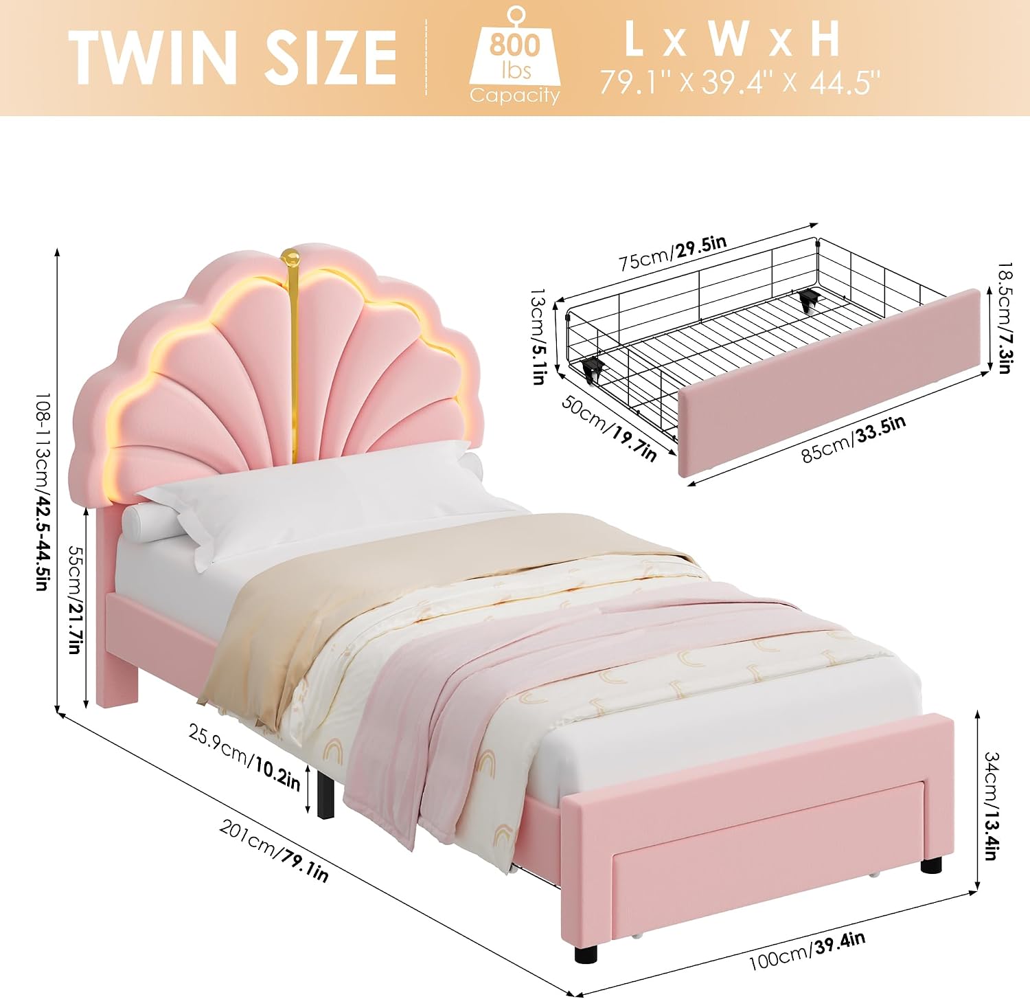 Keyluv Twin Princess Bed Frame with Storage Drawers, Soft Velvet Upholstered LED Platform Bed with Adjustable Cute Shell Headboard, No Box Spring Needed, Noise-Free, Pink