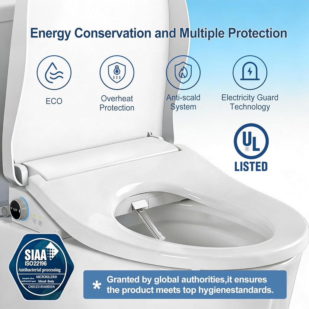 Electric Smart Bidet Toilet Seat with Remote Control, Heated Seat, Instant Warm Water & Air Dryer, Advanced Safety Features, Stainless Steel Nozzle, Slow Close Lid, Silent, Elongated, White