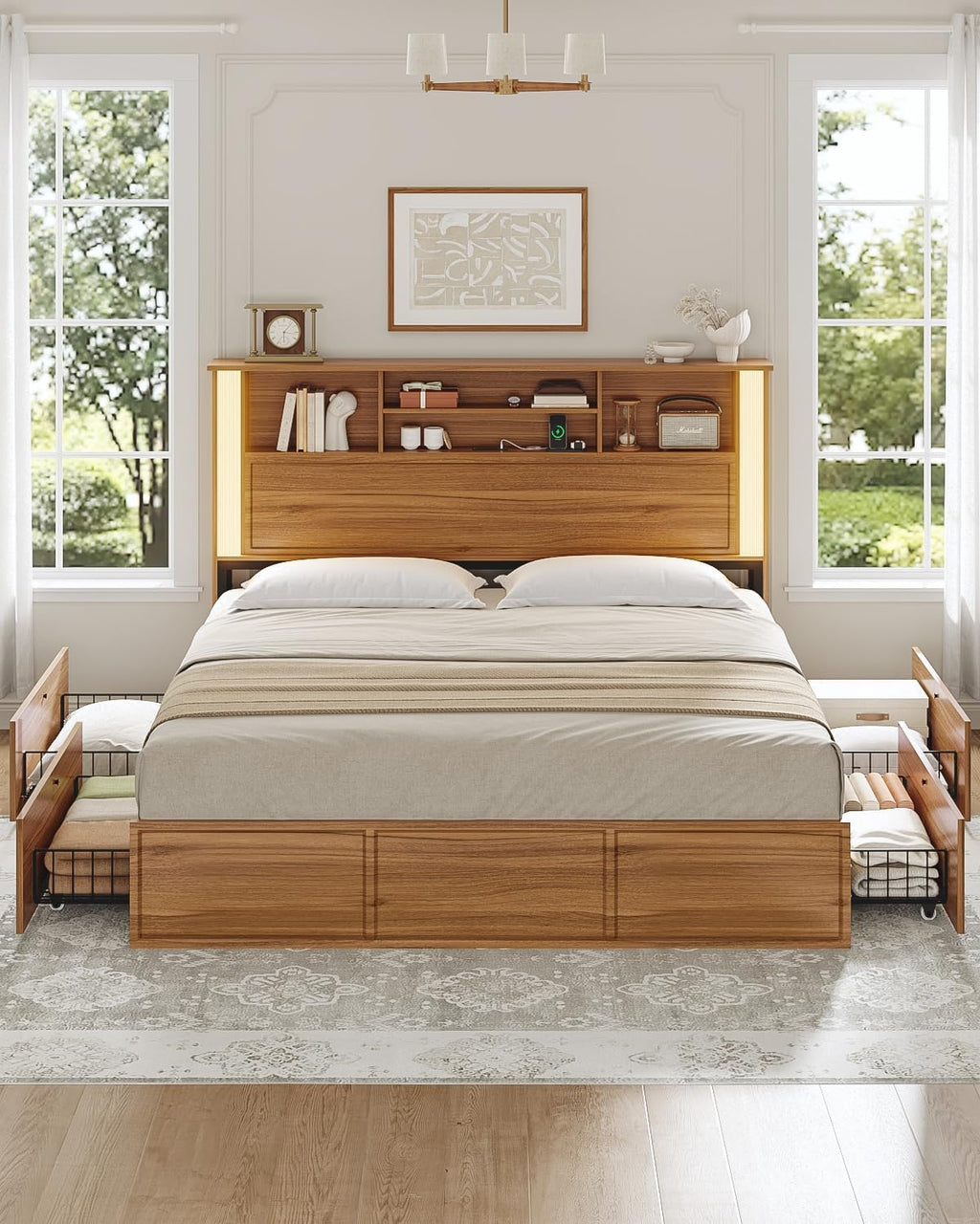 AOGLLATI Queen Bed Frame with 4 Storage Drawers and 3 Tier Storage Headboard, Wooden Bed Frame Queen Size with Charging Station and Led Lights, No Box Spring Needed,Wood