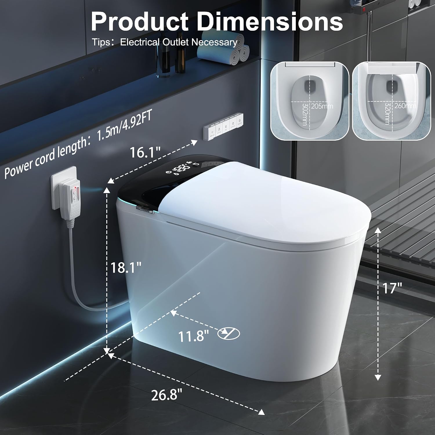 Smart Bidet Toilet with Tank, Foam Shield, Dual Auto Flush, Manual Soft-Close Lid&Seat, Foot Sensor, Electric Modern One Piece Toilets for Bathroom with Siphon Dual Flush 0.8/1.2 GPF