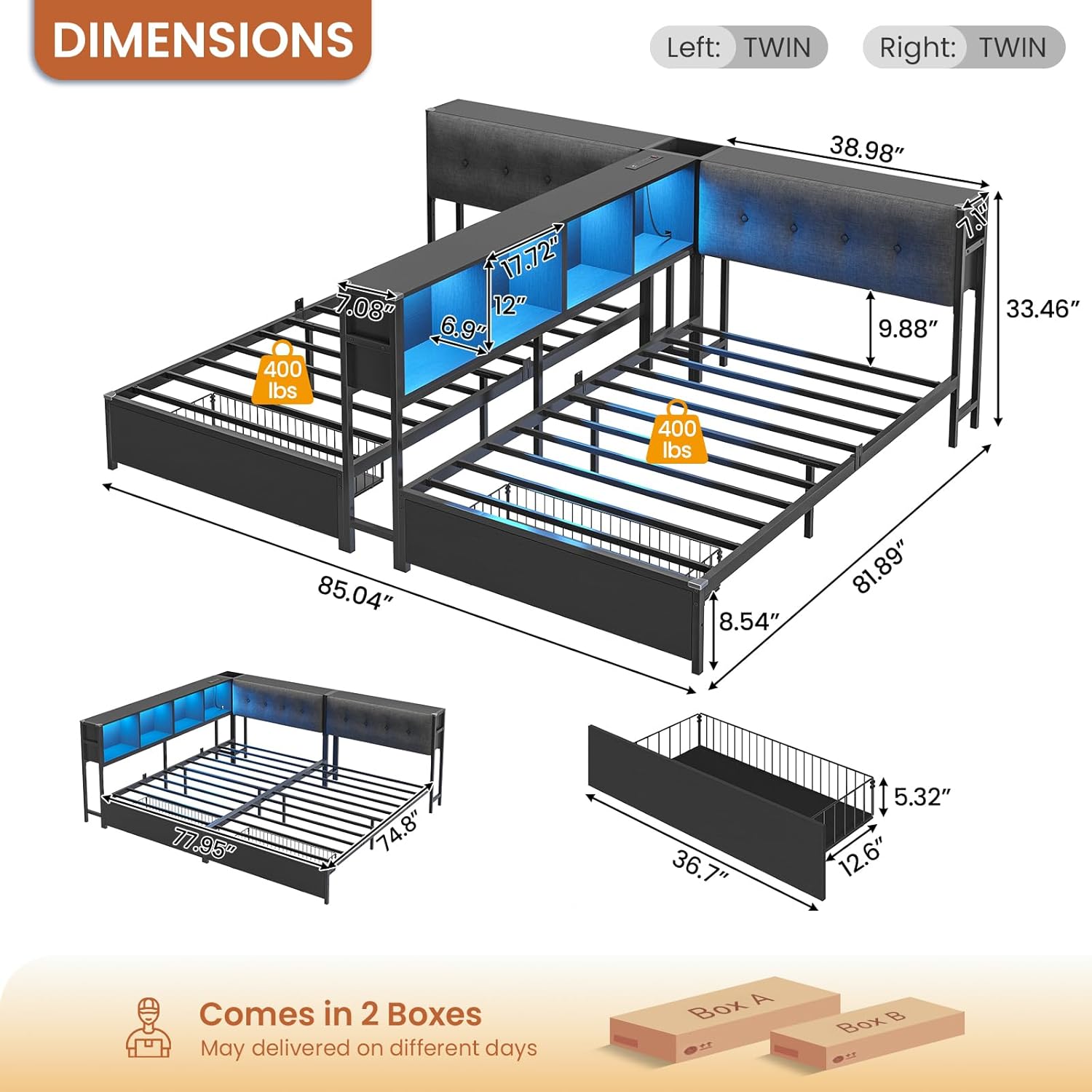 DICTAC Twin Beds for 2 Kids with Storage Bookcase Divider, Charging Station and LED Lights, Double Twin Bed with 2 Large Drawers and Headboard Storage, Metal Platform Bed for Shared Bedroom, Black