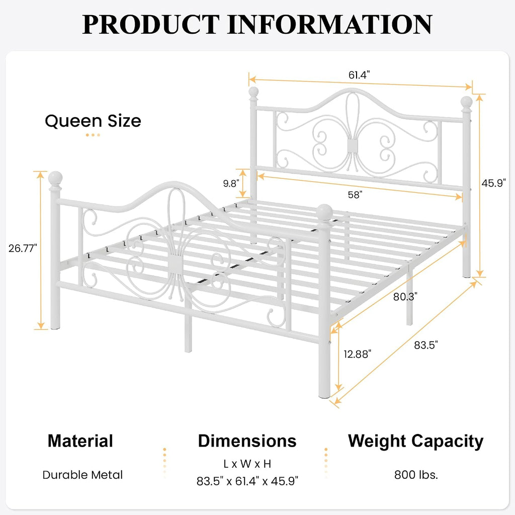 SHA CERLIN Queen Size Bed Frame with Headboard,Metal Bed Frame with Butterfly Pattern Design Headboard & Footboard,No Box Spring Needed,Easy Assembly,White