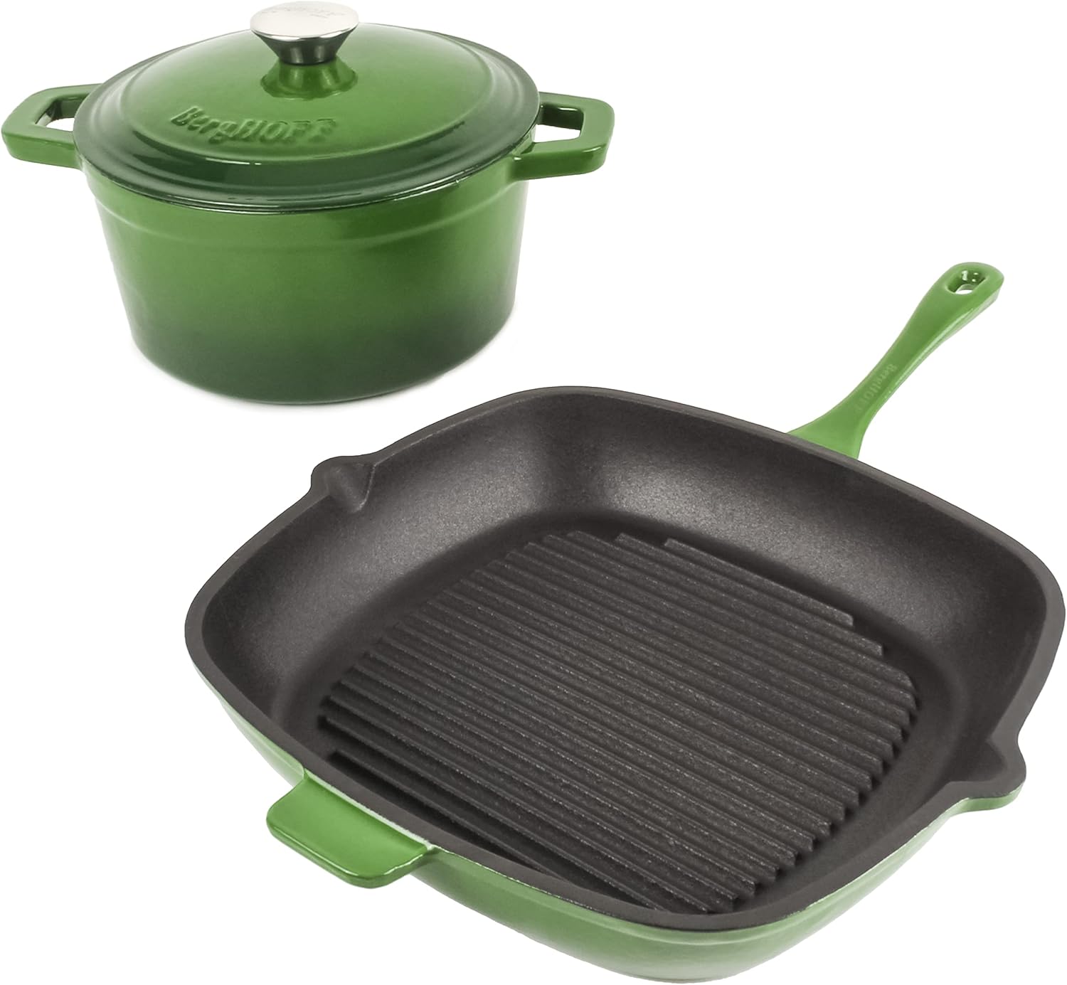 BergHOFF 3Pc Neo Enameled Cast Iron Cookware Set, 3qt. Dutch Oven, Matching Lid, Square Grill Pan 11 Inches, Oven Safe Up To 400°F, Green