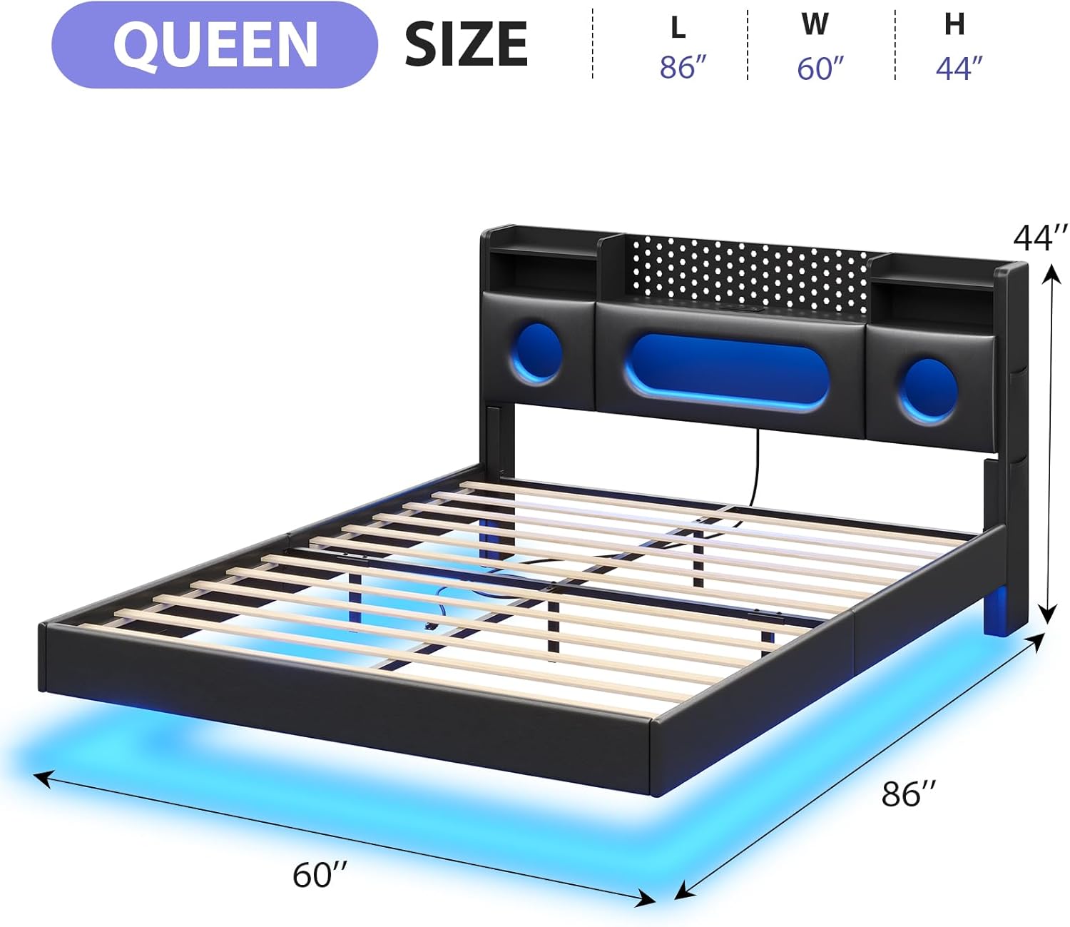 busyaeh Floating Bed Frame Queen with Storage Headboard, Platform Bed Queen Size with Storage & LED Lights,Metal Floating Queen Bed Frame, No Box Spring Needed, Noise-Free, Easy Assembly, PU Black