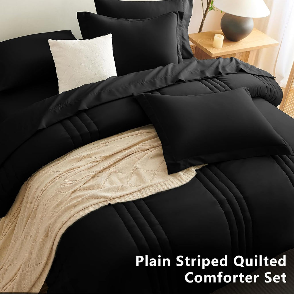 CozyLux Super King Plus Comforter Set Black - 7 Pieces Bed in a Bag, Modern Vertical Quilted Room Decor, Soft All-Season Bedding Gift with Comforter, Sheets, Pillowcases & Shams