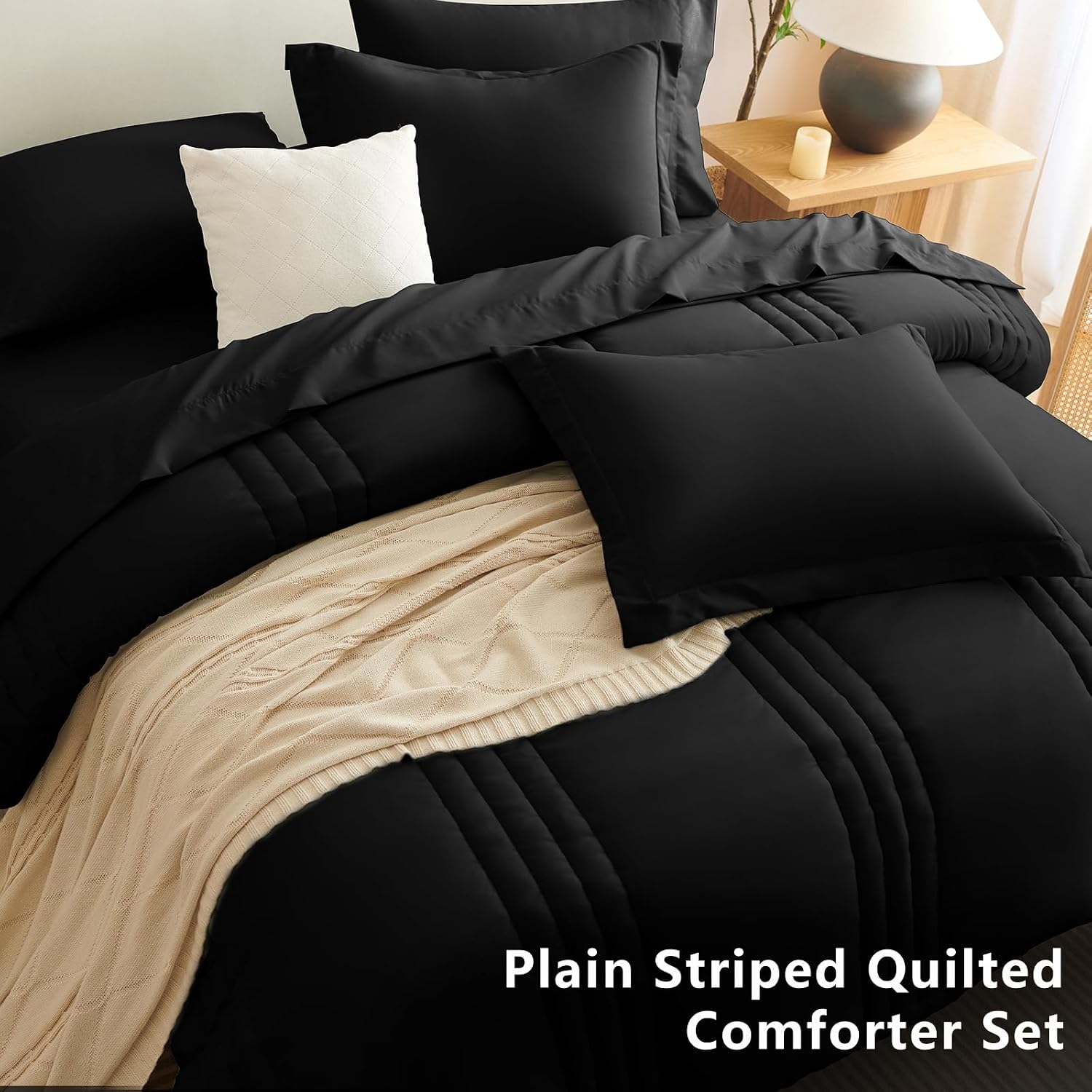 CozyLux Super King Plus Comforter Set Black - 7 Pieces Bed in a Bag, Modern Vertical Quilted Room Decor, Soft All-Season Bedding Gift with Comforter, Sheets, Pillowcases & Shams