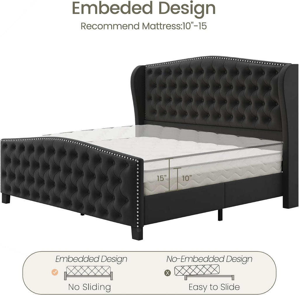 LARMACE King Size Bed Frame Velvet Upholstered Platform Bed with Wingback Headboard & Footbaord, Deep Button Tufted Bed Frame with Wood Slats Support, No Box Spring Needed, Black