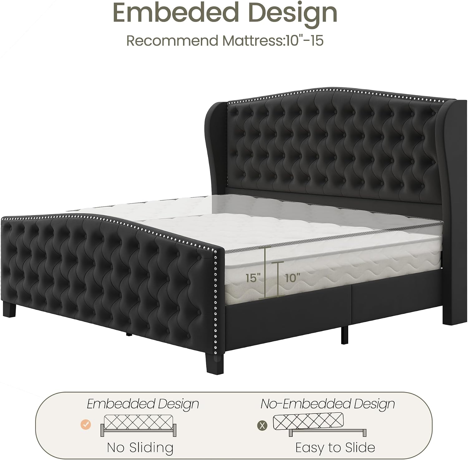 LARMACE King Size Bed Frame Velvet Upholstered Platform Bed with Wingback Headboard & Footbaord, Deep Button Tufted Bed Frame with Wood Slats Support, No Box Spring Needed, Black