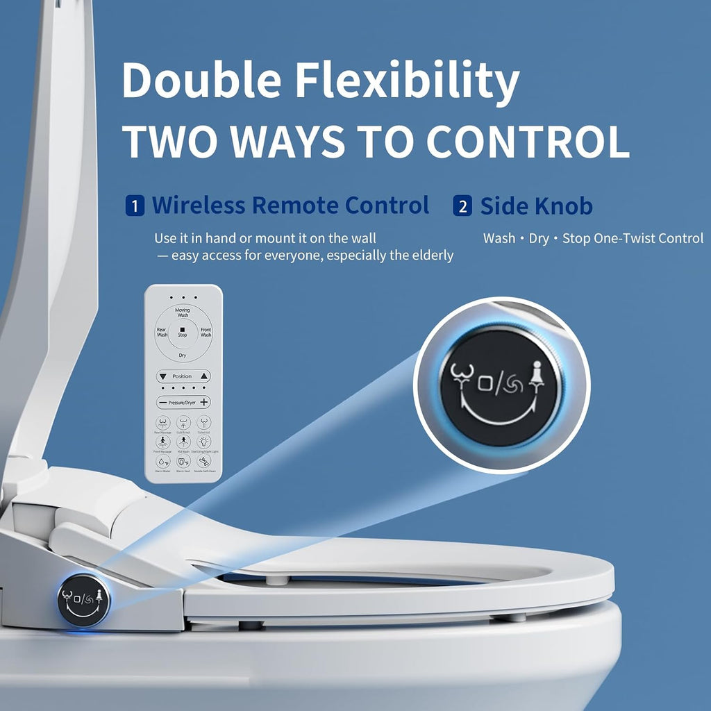Smart Bidet Toilet Seat Elongated, Electric Heated Seat Instant Warm Water&Air Dryer, Soft Close Lid Night Light, Remote Control No Water Pressure Limit, Energy Saving Mode for Men Women Kids