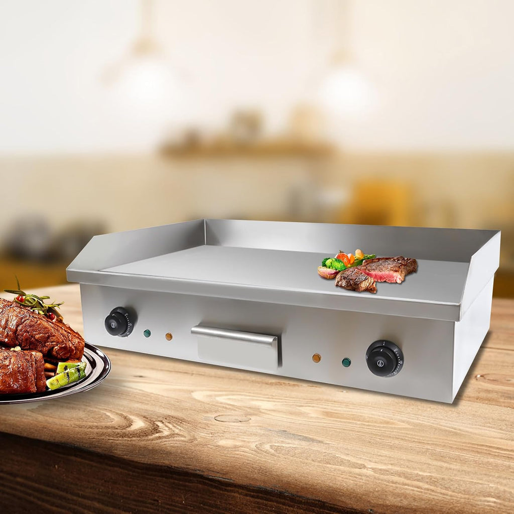 Double Control Electric Griddle Cooktop, 110v Electric Countertop Griddle Large Capacity Commercial Flat Top Electric Griddles Non-Stick Stainless Teppanyaki Grill with Non-Slip Rubber Feet