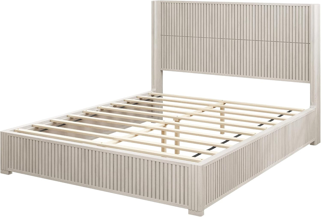 Queen Size Solid Wood Platform Bed Frame with wingback Headboard, Wood Platform Bed Frame Low Profile with 64.49' Headboard, Solid Wood Leg/No Box Spring Needed/Noise Free/Beige