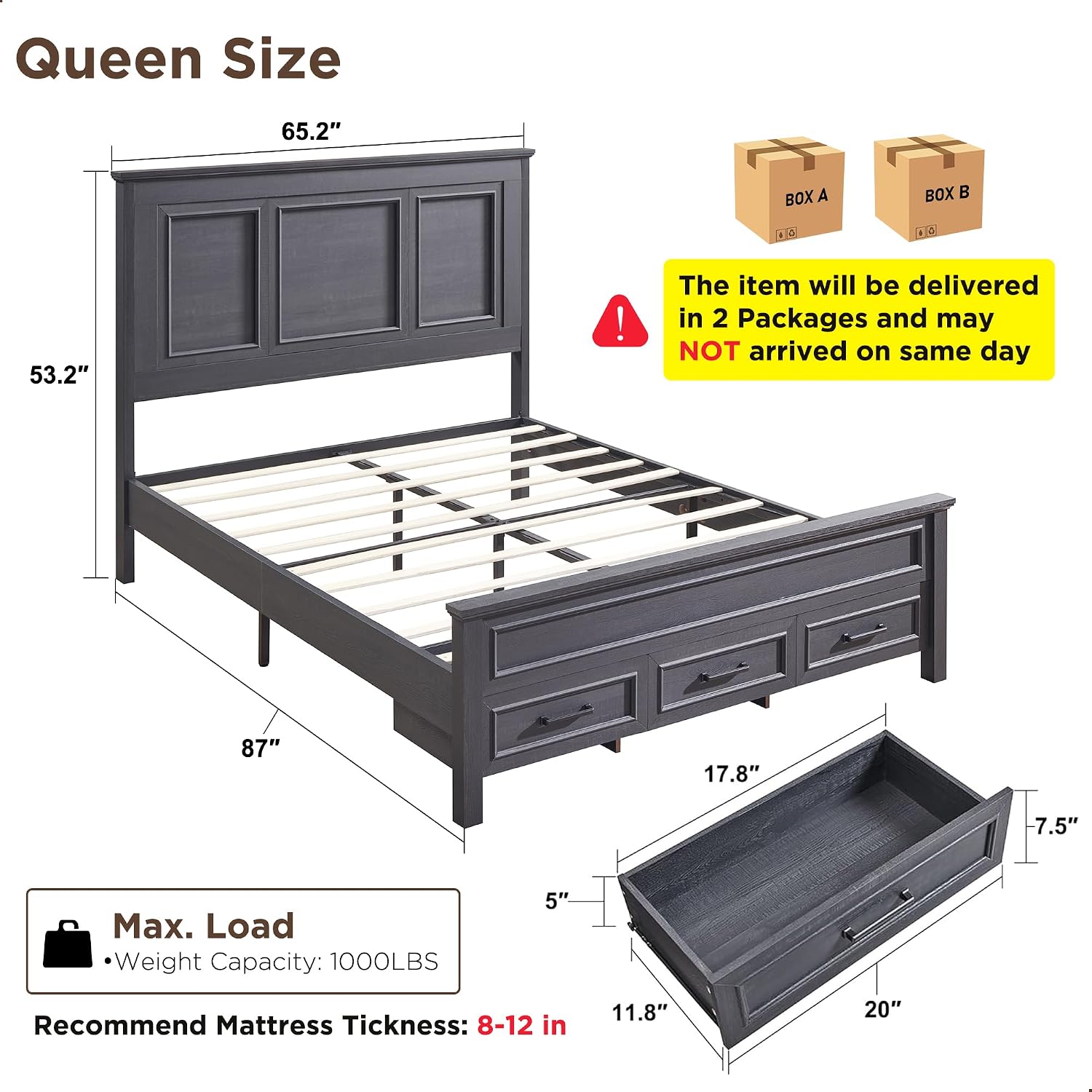 JXQTLINGMU Farmhouse Queen Wood Bed Frame with 52' Tall Headboard & 20' H Footboard, Platform Bedframe with Hidden Storage Drawers, Noiseless, No Box Spring Required, Black