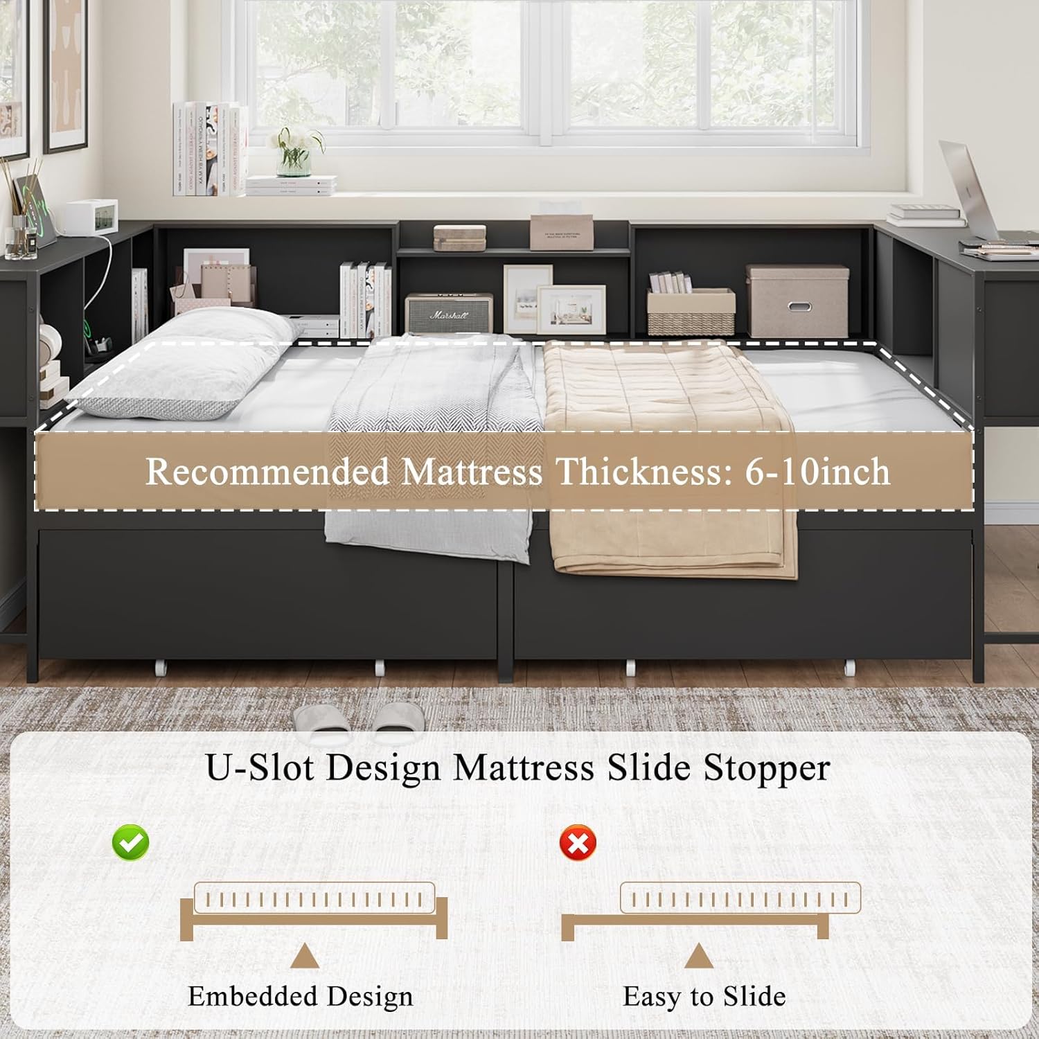 Corner Full Bed Frame with Storage Bookcase and Foldable Desktop, Black Full Size U-Shaped Metal Corner Bed Platform for Teenagers & Kids, Daybed with Charging Station & 2 Storage Drawers for Bedroom