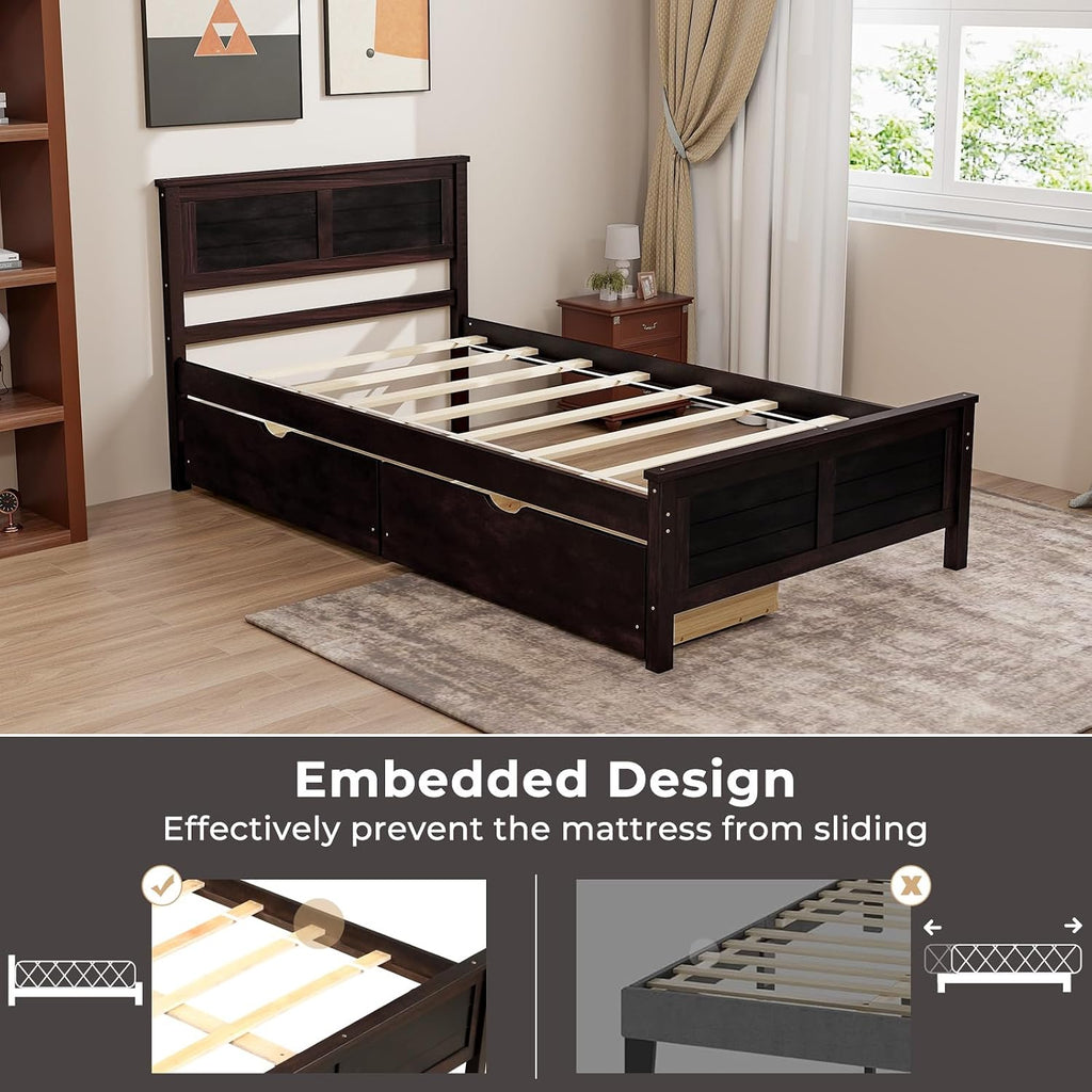 Giantex Wood Twin Bed with 2 Storage Drawers, Solid Wood Platform Bed with Headboard, Wooden Slats Support Mattress Foundation, No Spring Needed, Twin Bed Frame for Kids, Teens, Adults, Espresso