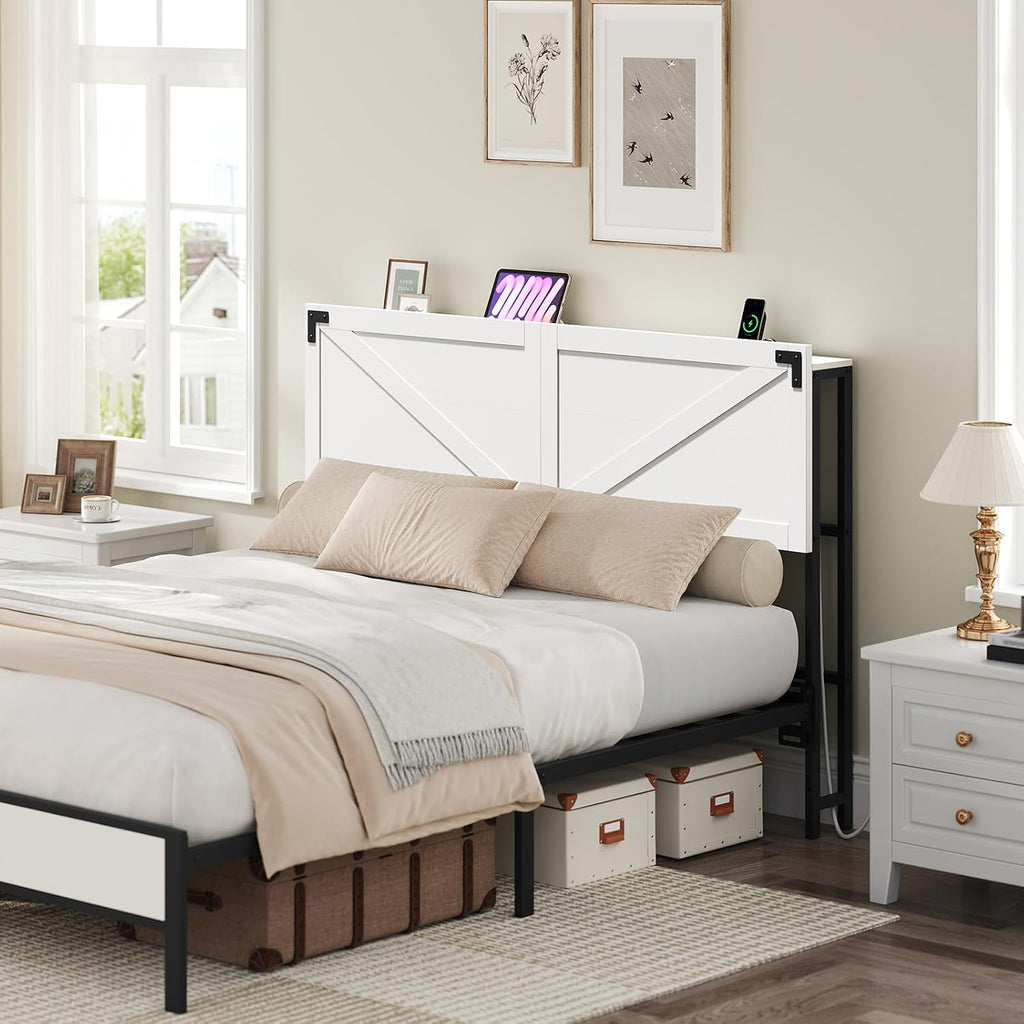 MAHANCRIS Queen Size Headboard Only, Headboard with 2 Outlets and 2 USB Ports, Farmhouse Headboard, with LED Lights, Secure Storage with Raised Fence, with Bed Frame Adapter, White and Black