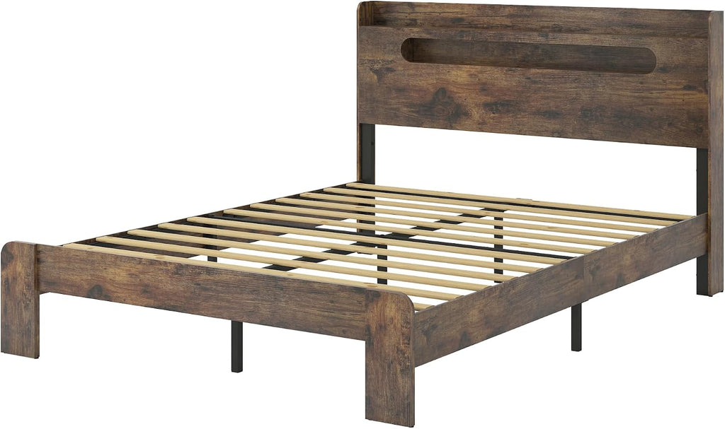 Bellemave Rustic Vintage Full Size Bed Frame with Storage Headboard and Charging Station,Wooden Platform Bed Frame Full Size with LED Lights and Wood Slats,Easy Assembly,Dark Brown