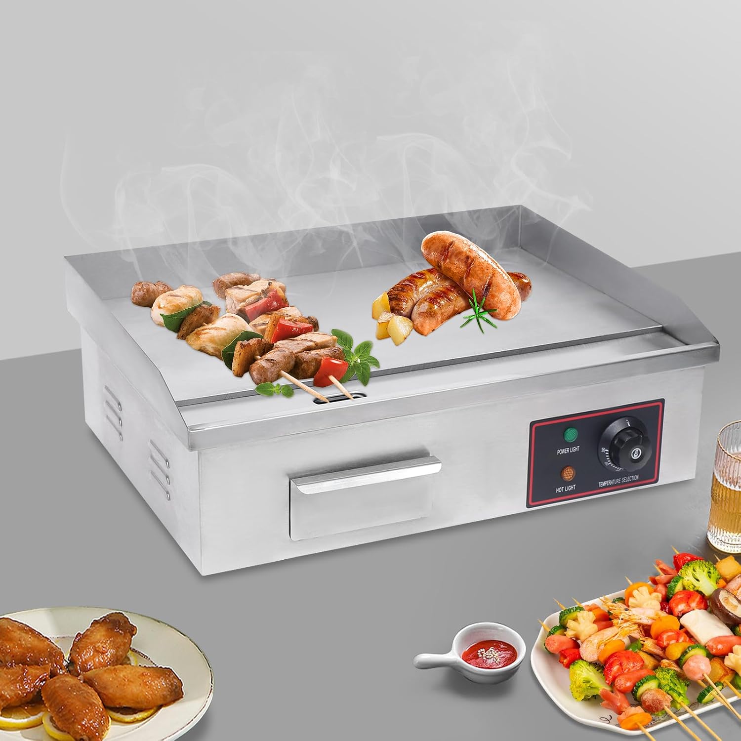 110V 1600W Commercial Electric Griddle, 21' Countertop Flat Top Grill 122-572℉Adjustable Tem, Stainless Steel Restaurant Grill for Home or Restaurant Kitchen