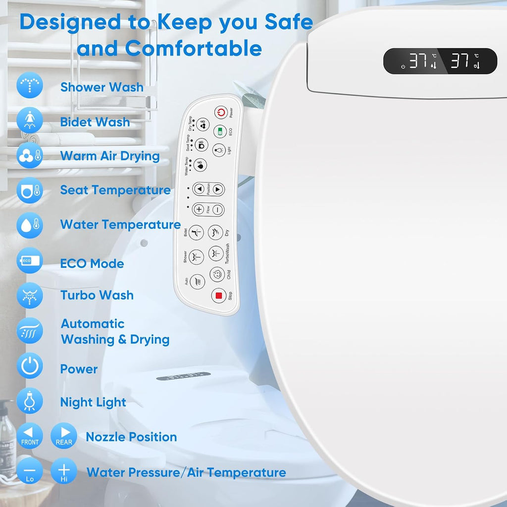 Electric Bidet Toilet Seat with Heated Seat, Warm Air Dryer, Endless Warm Water, Oscillating and Pulsating Spray Wash, Stainless Steel Self-Clean Nozzle, Sense Seat (Elongated)
