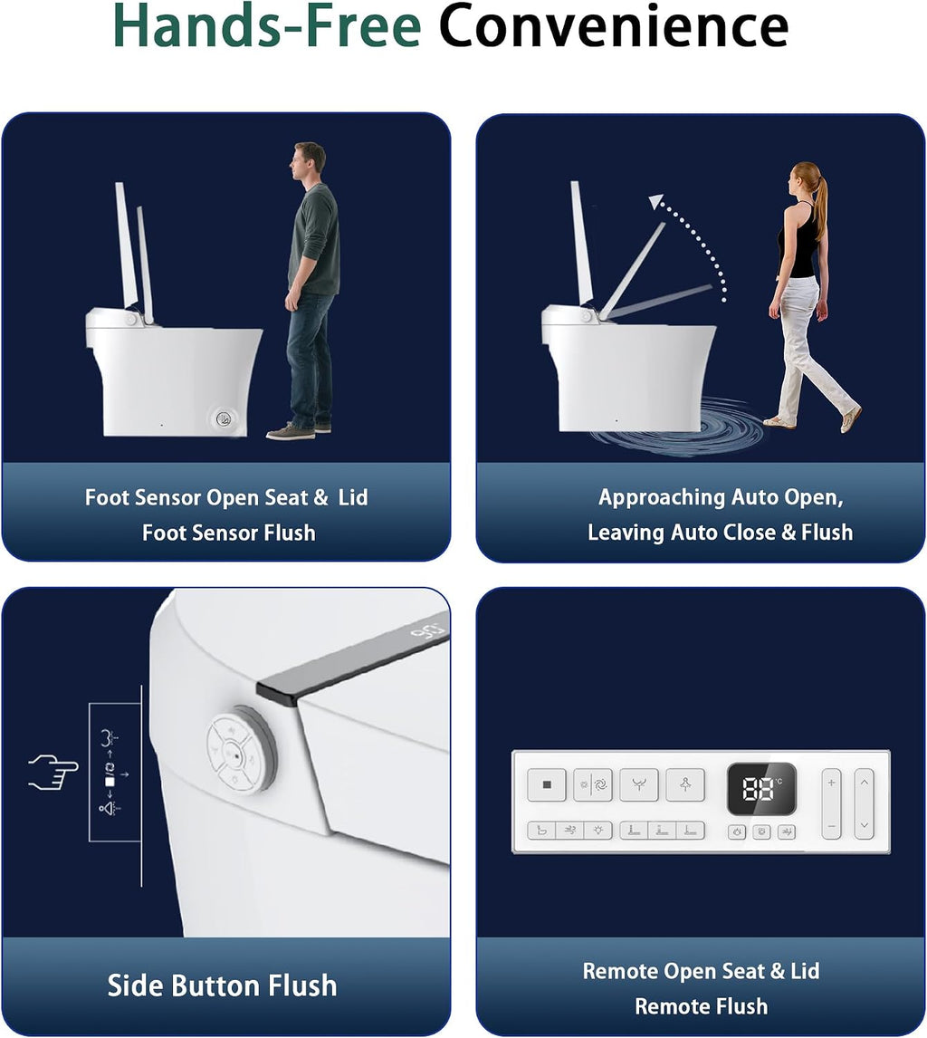 Smart Toilet,One Piece Toilet with Auto Open Close, Auto Flush, Foot Sensor Operation, Heated Seat，Warm Water & Dryer，Night Light，LED Display,White Remote Control