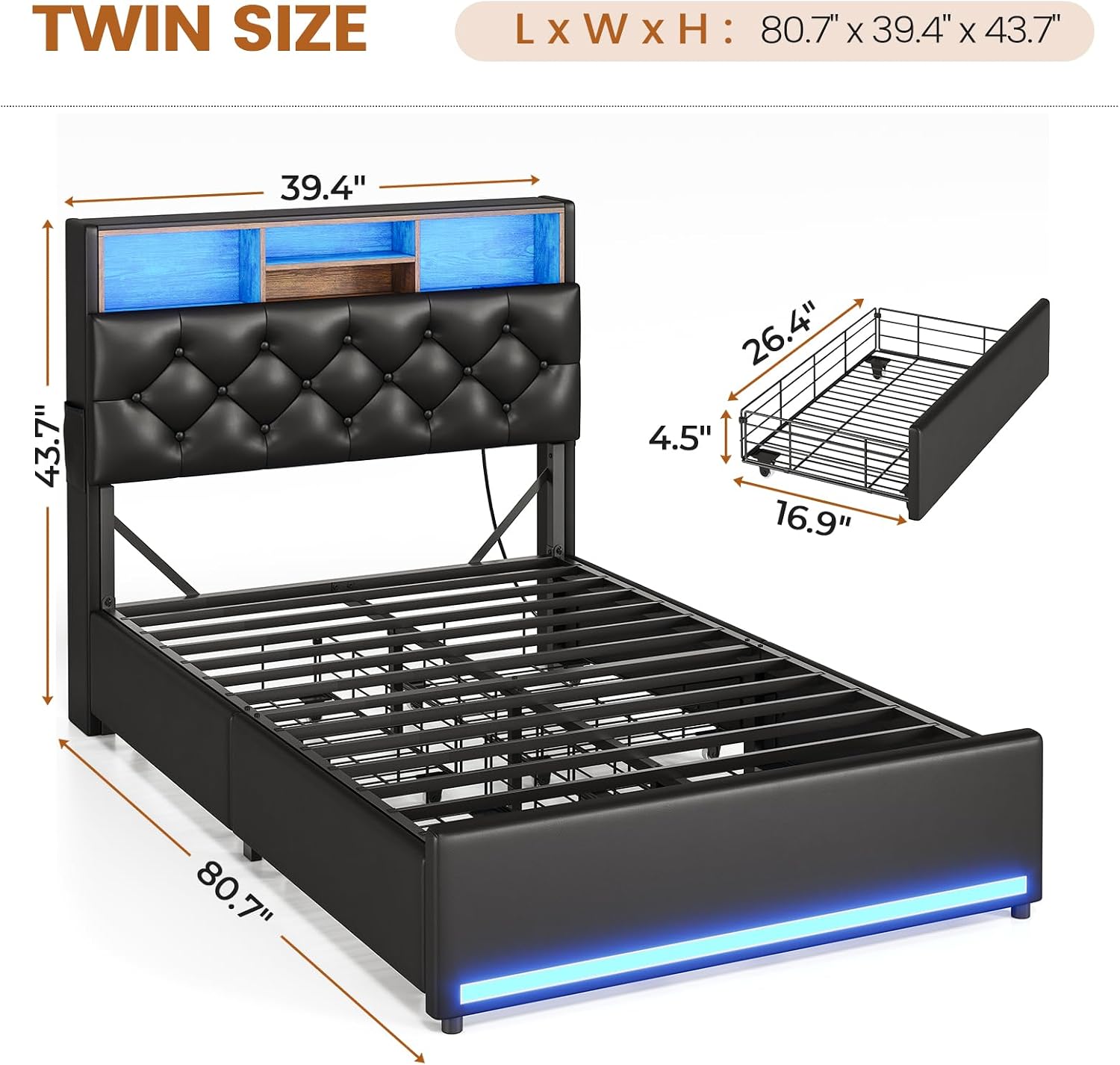 BTHFST Twin Bed Frames with Headboard & 4 Drawers, LED Bed Frame Twin with Charging Station, Upholstered and Metal Twin Bed with Storage, No Box Spring Needed, Black PU