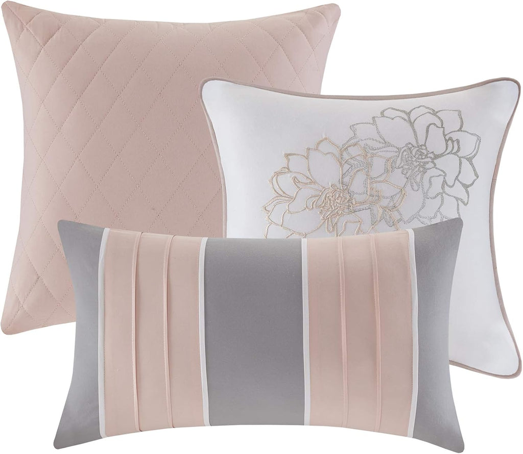 Madison Park Sateen Cotton Comforter Set, Breathable, Soft Cover, Modern Print, All Season Down Alternative Cozy Bedding with Matching Shams, Floral Taupe Grey/Peach, King 7 Piece