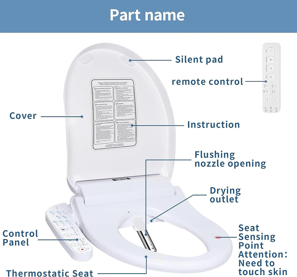 KERDE P30B Bidet Toilet Seat - Dual Control (Side Panel & Remote), Warm Water Wash, Heated Seat, Warm Air Dryer, LED Night Light,Existing Toilets Electric Bidet Elongated Electronic Heated Smart