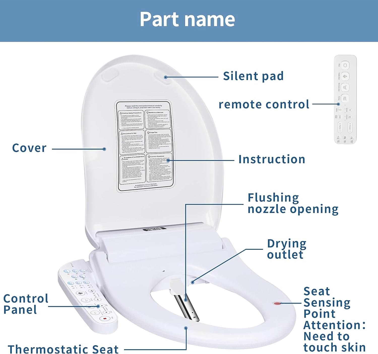 KERDE P30B Bidet Toilet Seat - Dual Control (Side Panel & Remote), Warm Water Wash, Heated Seat, Warm Air Dryer, LED Night Light,Existing Toilets Electric Bidet Elongated Electronic Heated Smart