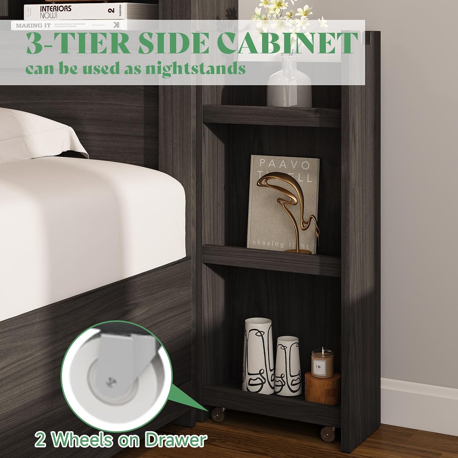 AMERLIFE Full Size Bed Frame with 4 Storage Drawers, LED Bed Frame with 49.6' Tall Bookcase Headboard, Wood Platform Bed with Charging Station & 2 Slide Bedside Shelf, No Box Spring Needed/Black