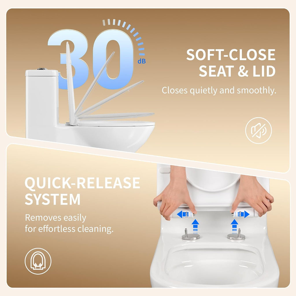 DeerValley One Piece Toilet Elongated Toilet with Soft-Close Seat Powerful 1.1/1.6 GPF Dual Flush Standard Height Toilets Skirted Design 12' Rough-In DV-1F026