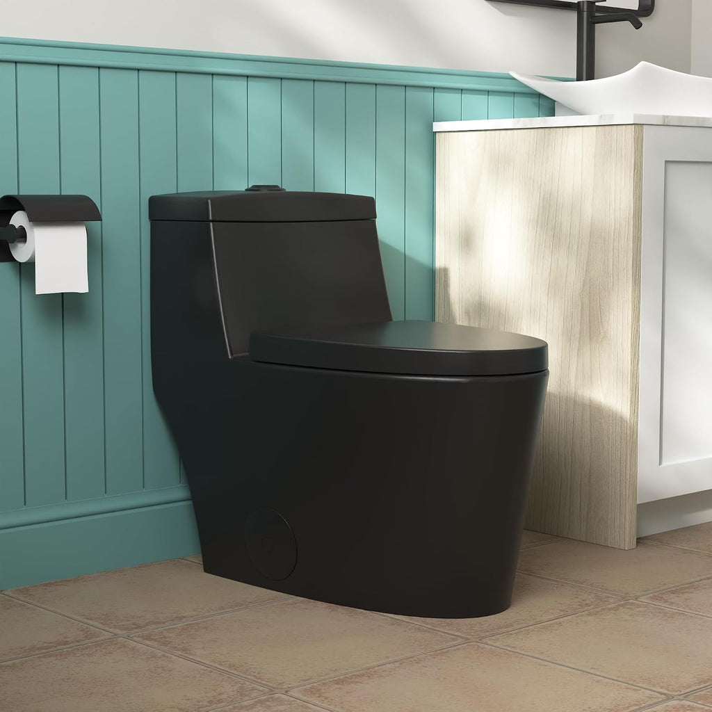 DeerValley One Piece Toilet Elongated 1.1/1.6 GPF Dual Flushing Toilets with 17' ADA Comfortable Chair Seat 12' Rough-In High-Efficiency Black Toilet DV-1F52636B
