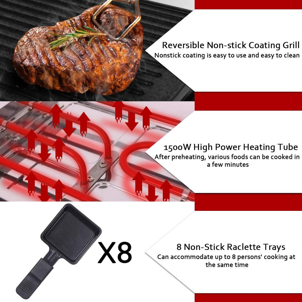 CUSIMAX Smokeless Indoor Grill with Tempered Glass Lid & 14.96' x 8.66' Aluminum Non-stick Stove Top Griddle Pan & 2 in 1 Raclette Table Grill