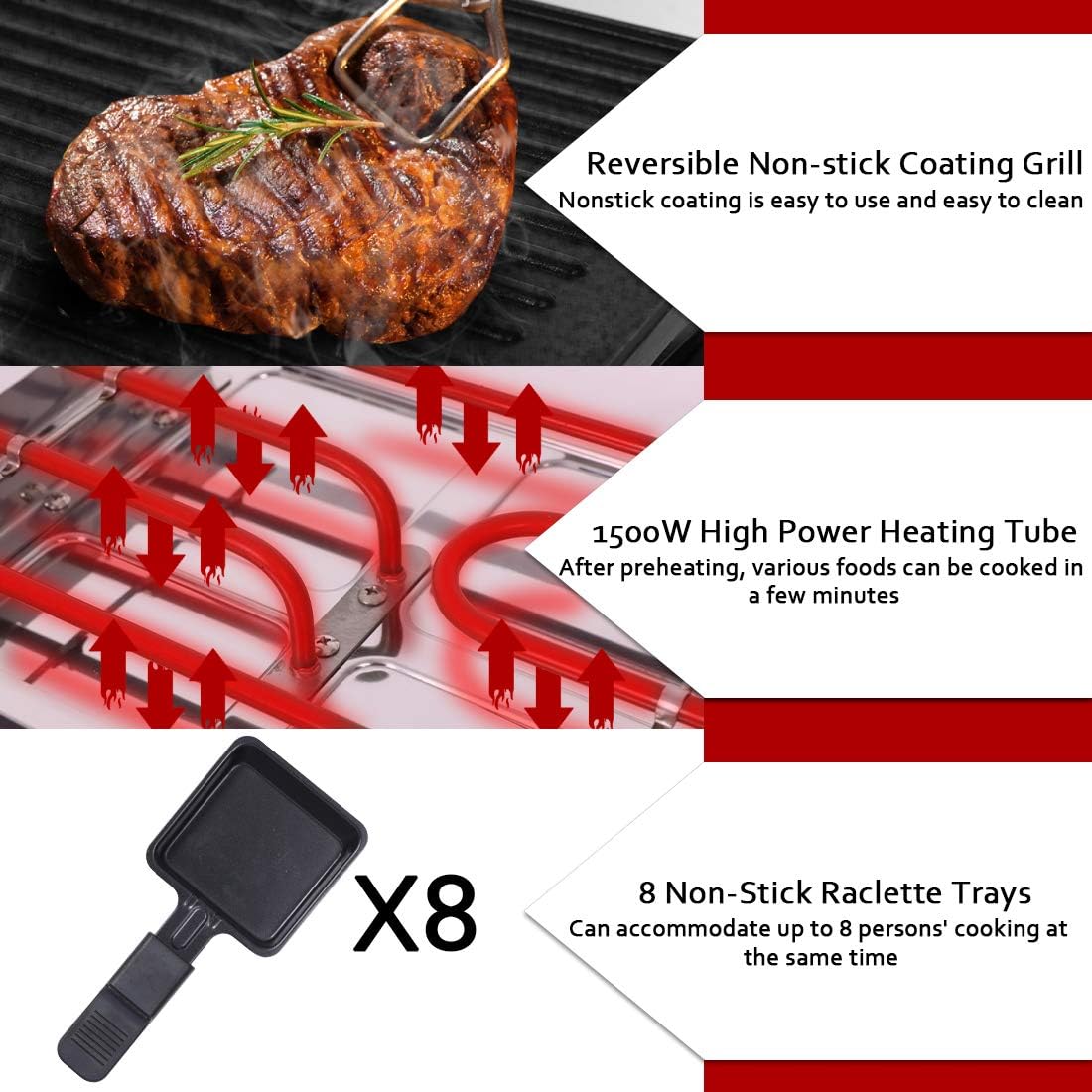 CUSIMAX Smokeless Indoor Grill with Tempered Glass Lid & 14.96' x 8.66' Aluminum Non-stick Stove Top Griddle Pan & 2 in 1 Raclette Table Grill